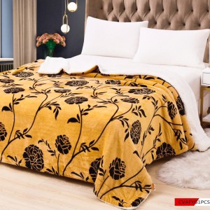 Pătură Luxoasă Cocolino din Microfibră Ultra-Moale, cu Blăniță Sherpa, 200x230 cm - Confort Maxim și Design Elegant pentru Nopți Perfecte, Muștar, Flori