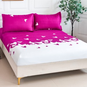 Cearsaf cu elastic, Bumbac Satinat, 160/180x200cm, 2 fete de perne 50x70cm, Alb-Fuchsia, fluturi