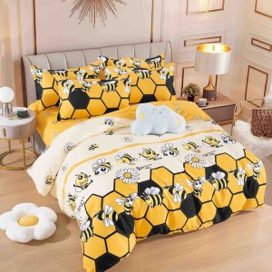 Lenjerie pat dublu,  FINET, 6 piese, cu ELASTIC, Jojo Home, Galben, albinute, flori