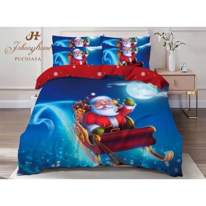 Lenjerie pat dublu,  FINET, Digital Print, Craciun, Albastru, Roșu, Moș Crăciun in sania lui