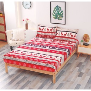 Cearsaf cu elastic CoCoLiNo Polar, 180x200x25cm, 2 fete de perne 50x70cm, Rosu, Alb, reni, fulgi de nea