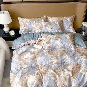 Lenjerie pat dublu,  FINET, 6 piese, Verde, flori, Bleu-Bej, oriental