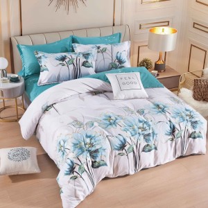 Lenjerie pat dublu,  FINET, 6 piese, Jojo Home, Alb, Bleu, flori