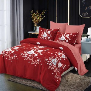 Lenjerie pat dublu,  FINET, cu elastic, 6 piese, Grena, flori