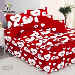 Lenjerie pat dublu,  FINET, 6 piese, cu VOLANASE, Rosu, inimioare