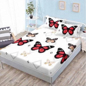 Cearsaf cu elastic, FINET, 160x200cm, 2 fete de perne 50x70cm, Alb, Rosu, Fluturi – confort și eleganță pentru patul tău