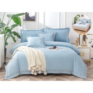 Lenjerie pat dublu, Bumbac Fin Texturat, CEARSAF CU ELASTIC, 6 piese, Bleu