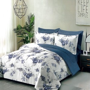 Lenjerie pat dublu,  FINET, 6 piese, Albastru, trandafiri