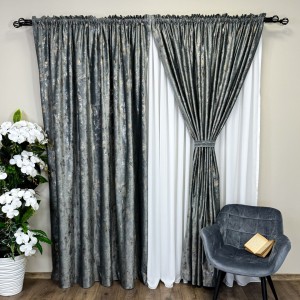 Set 2 Draperii Catifea Asama cu insertii aurii - 2m latime x 2.50m inaltime x Tiv lat, Gri mediu - V30