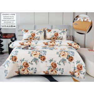 Lenjerie pat dublu, bumbac satinat,  Cearșaf cu ELASTIC 180x200cm, 4 PIESE, Crem, flori