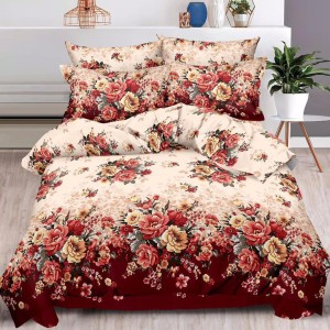 Lenjerie pat dublu,  FINET, 6 piese, cu ELASTIC, Rosu, flori