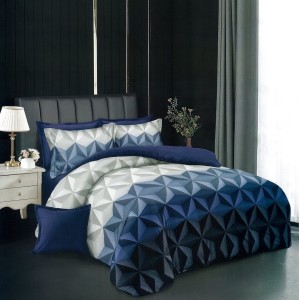 Lenjerie pat dublu,  FINET, 6 piese, cu ELASTIC, Albastru, forme geometrice