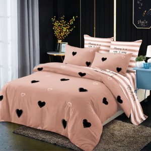 Lenjerie Pat Dublu,  FINET, 6 piese, Roz Prăfuit, Alb, Negru, Inimioare