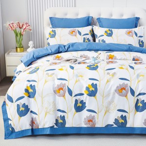 Lenjerie de Pat Dublu, Super Premium,  Finet Ranforsat – Set Exclusivist 6 Piese, Ambalat în Cutie de Lux, Alb, Bleu, flori