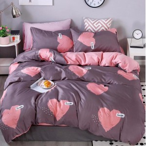 Lenjerie pat dublu, bumbac satinat,  cu elastic, Roz, inimioare