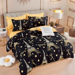 Lenjerie pat dublu,  FINET, 6 piese, Jojo Home, Negru, Galben, Turnul Eiffel