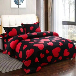 Lenjerie pentru Pat Dublu, Cocolino Premium, 4 Piese – Plușată, Groasă, și Călduroasă, Ideală pentru Iarnă –  Confort Maxim, Antișifonare, Negru, Rosu, Inimioare