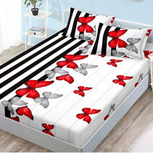 Cearsaf cu elastic, FINET, 180x200cm, 2 fete de perne 50x70cm, Negru-Rosu, fluturi