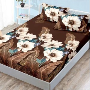 Cearsaf cu elastic, FINET, 180x200cm, 2 fete de perne 50x70cm, Maro, flori