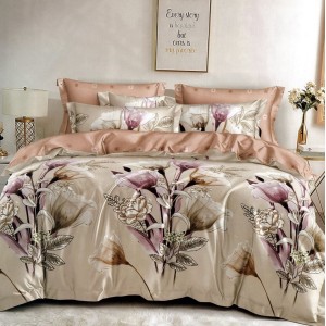 Lenjerie pat dublu,  FINET, 6 piese, cu ELASTIC, Bej, flori