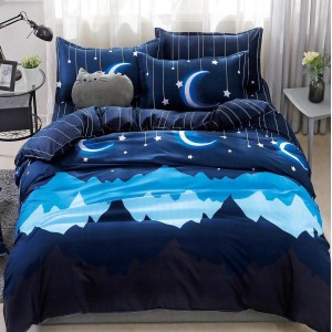 Lenjerie pat dublu cu doua feţe, bumbac satinat, 4 piese,  Albastru, munti, stelute