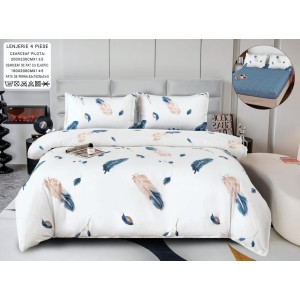 Lenjerie pat dublu, bumbac satinat,  Cearșaf cu ELASTIC 160x200cm, 4 PIESE, Alb, pene