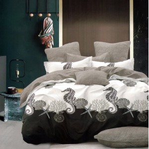 Lenjerie pat dublu,  FINET, 6 piese, cu ELASTIC, Gri, caluti de mare, scoici