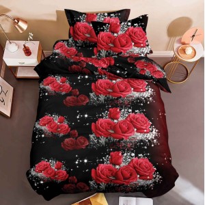 Lenjerie pat 1 PERSOANA, 3 piese, IMPRIMEU 3D Multiplicat, Microfibra, Negru-Rosu, trandafiri