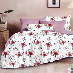 Lenjerie pat dublu,  FINET, 6 piese, Rosu, flori