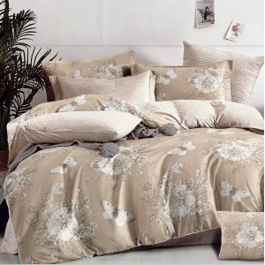 Lenjerie pat dublu,  FINET, 6 piese, Bej, flori, fluturi