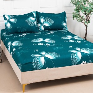 Cearsaf cu elastic, Bumbac Satinat, 160/180x200cm, 2 fete de perne 50x70cm, Turquoise, fluturi