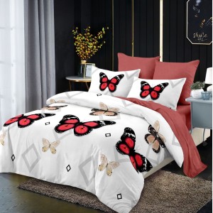 Lenjerie pat dublu,  FINET, cu elastic, 6 piese, Rosu, fluturi, forme geometrice