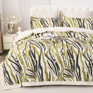 Lenjerie de Pat Dublu, Super Premium,  Finet Ranforsat – Set Exclusivist 6 Piese, Ambalat în Cutie de Lux, Crem, Maro, Kaki, dungi