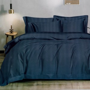 Lenjerie HoReCa DeLuxe, pat dublu, Damasc cu Dunga latã de 3cm, 6 piese, cearșaf cu ELASTIC, Bleumarin