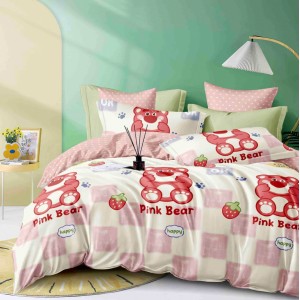 Lenjerie pat dublu,  FINET, 6 piese, cu ELASTIC, Jojo Home, Roz, ursuleti, capsune