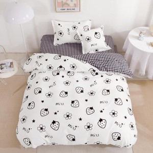 Lenjerie pat 1 PERSOANA,  FINET, 4 piese, cu ELASTIC, Alb-Negru, capsuni, flori, stelute