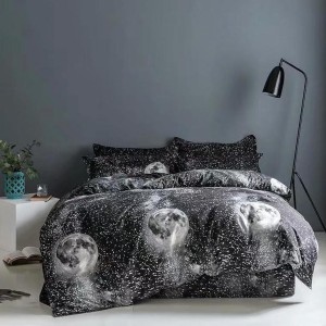 Lenjerie pat dublu cu doua feţe, bumbac satinat, 4 piese,  Negru, stelute, planete