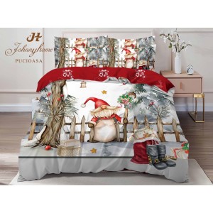 Lenjerie pat dublu,  FINET, Digital Print, Craciun, Alb, Gri, peisaj de Crăciun, Moș Nicolae