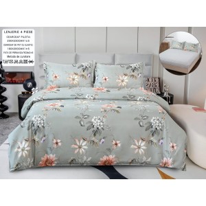 Lenjerie pat dublu, bumbac satinat,  Cearșaf cu ELASTIC 160x200cm, 4 PIESE, Gri, flori