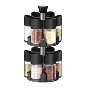 Set 12 recipiente pentru condimente cu suport rotativ pe 2 etaje, Negru
