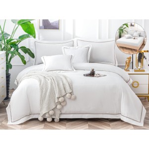 Lenjerie pat dublu, Bumbac Fin Texturat, CEARSAF CU ELASTIC, 6 piese, Alb
