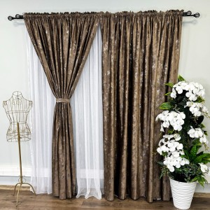 Set 2 Draperii Catifea Asama cu insertii aurii - 2m latime x 2.50m inaltime x Tiv lat, Maro - V7