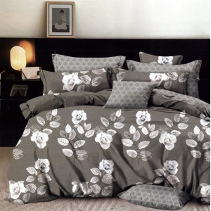 Lenjerie pat dublu,  FINET, 6 piese, cu ELASTIC, Gri, trandafiri