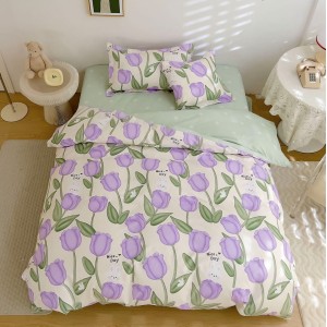 Lenjerie pat 1 PERSOANA,  FINET, 4 piese, cu ELASTIC, Verde-Lila, lalele, iepurasi