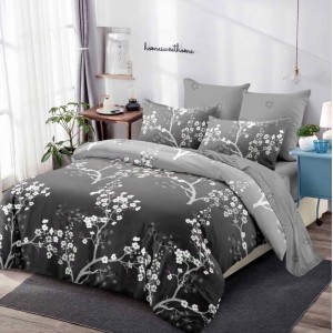 Lenjerie pat dublu,  FINET, cu elastic, 6 piese, Gri, flori