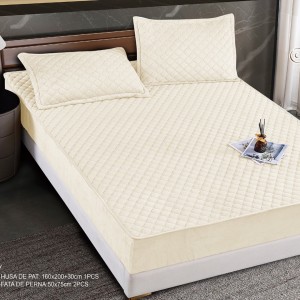 Husă Matlasată Tip Topper din Catifea 160x200cm, cu 2 Fețe de Pernă 50x70cm -  Somn Odihnitor și Susținere pentru Spate, Crem