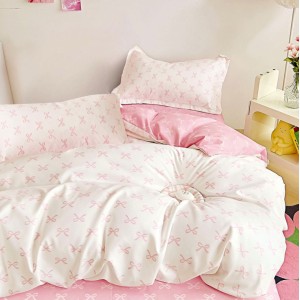 Lenjerie pat 1 PERSOANA, FINET, 4 piese, Alb-Roz, fundite