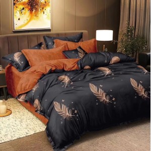 Lenjerie pat 1 PERSOANA, 4 piese, cu ELASTIC,  Negru, pene