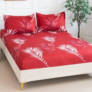 Cearsaf cu elastic, Bumbac Satinat, 160/180x200cm, 2 fete de perne 50x70cm, Rosu, frunze