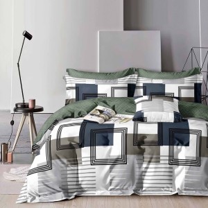 Lenjerie pat dublu,  FINET, 6 piese, cu ELASTIC, Gri-Verde, patrate